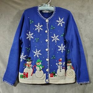OHI Winter Holiday Snowman Embelished Cardigan Sweater Blue and White Si…